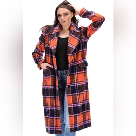 Nasty Gal Premium Plaid Double-Breasted Wool Look Coat Orange & Purple Size 16 - Picture 12 of 17